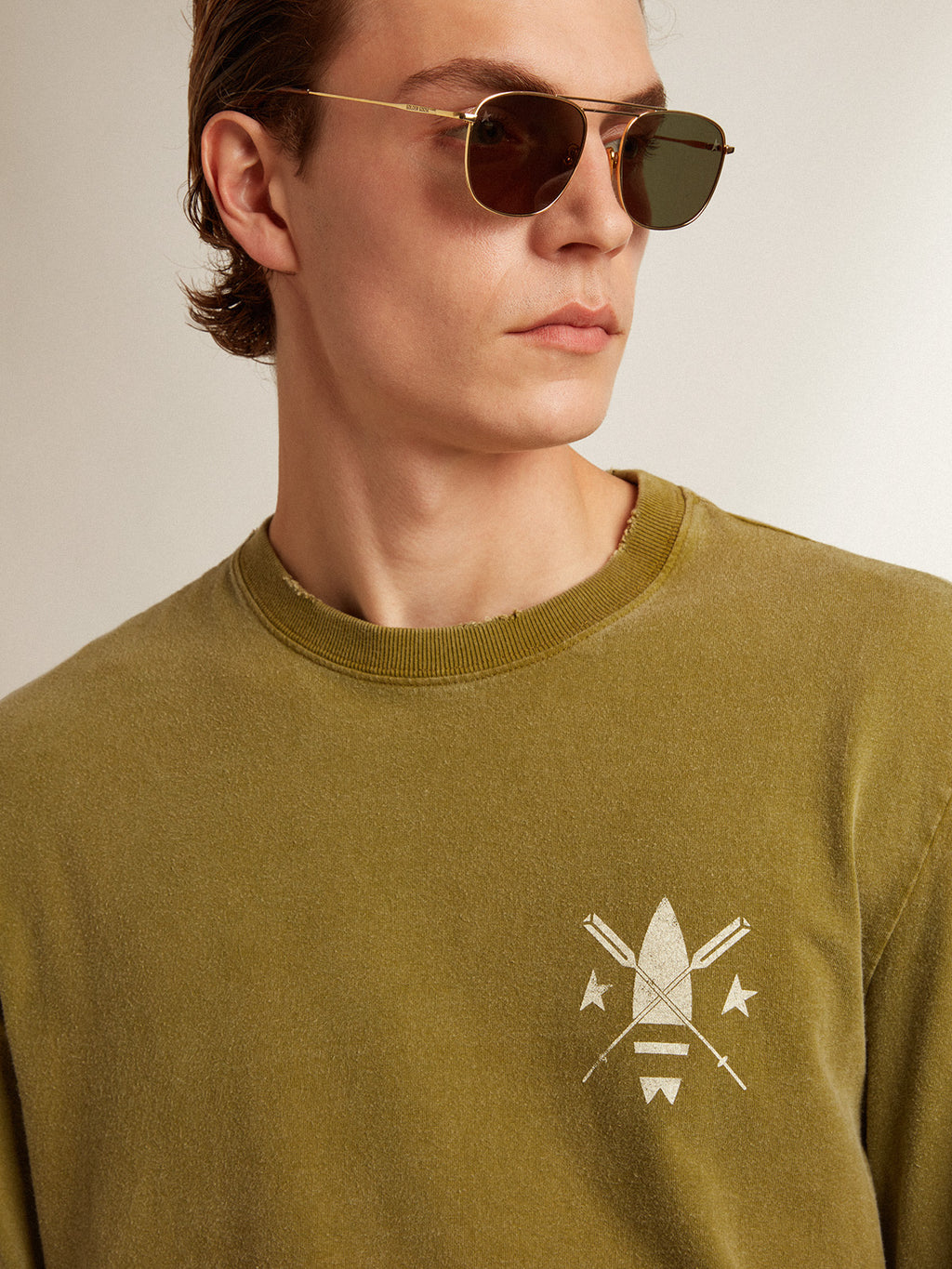 Pesto-green T-shirt with white logo on the front and back| Golden Goose