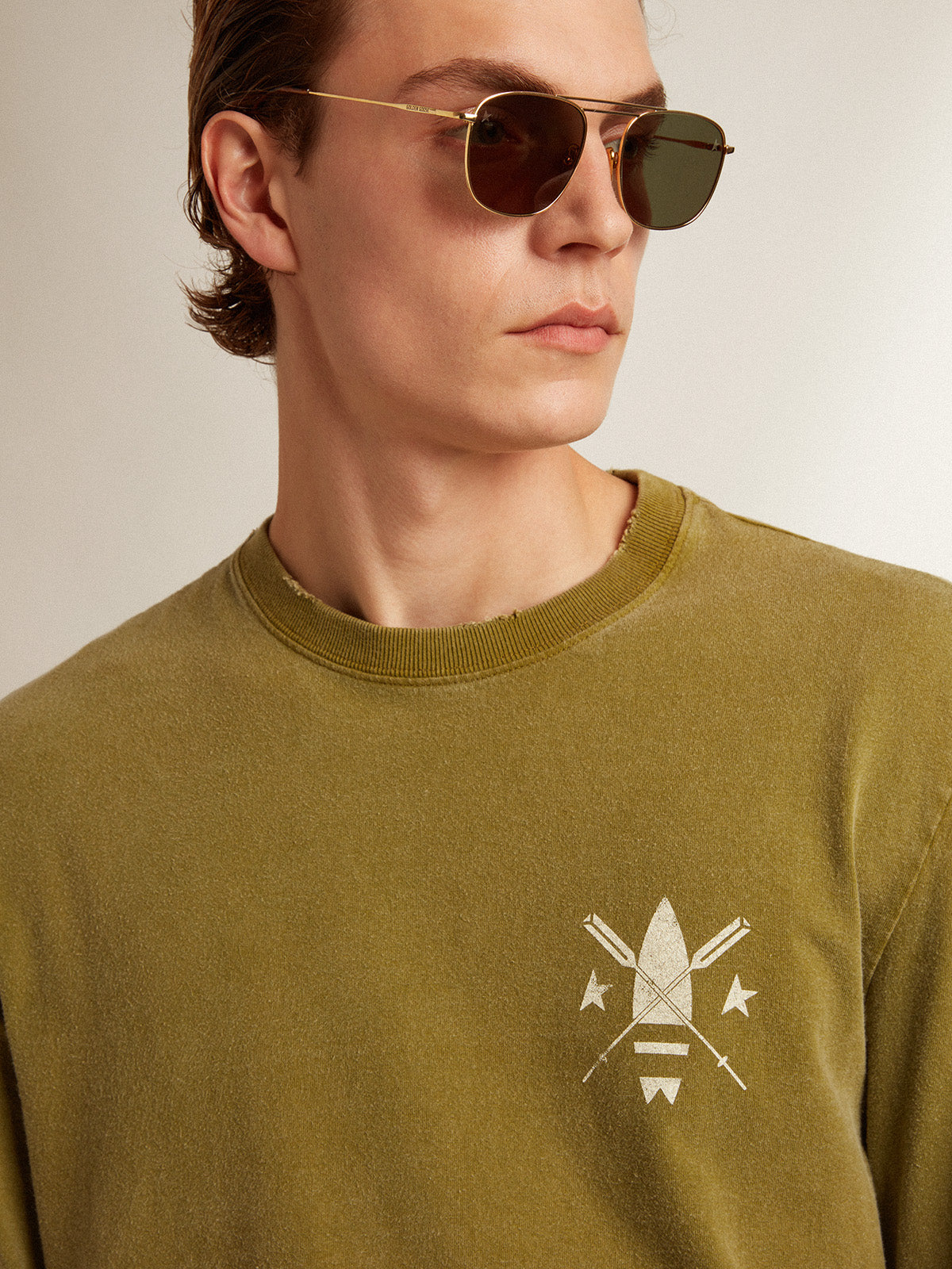 Pesto-green T-shirt with white logo on the front and back| Golden Goose