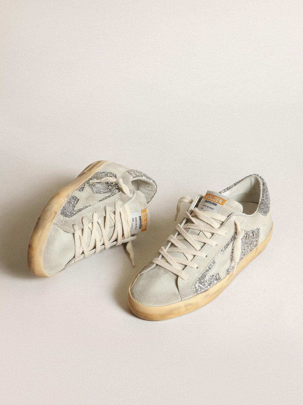 Women's Super-Star in silver glitter with ice-gray star and inserts| Golden Goose