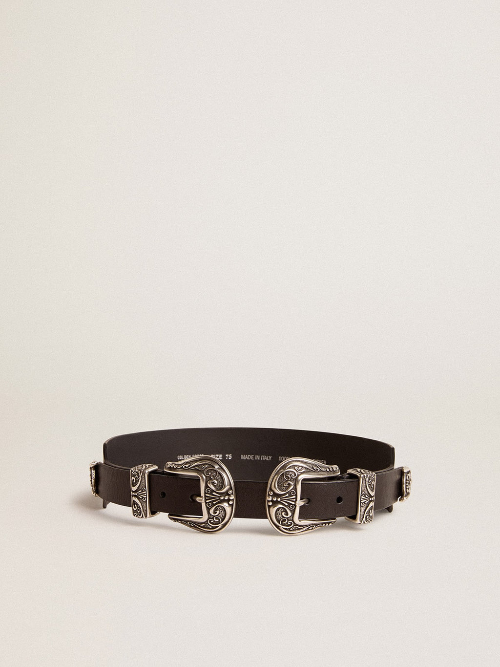 Black belt in washed leather with silver-colored double buckle| Golden Goose