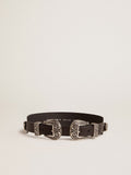 Black belt in washed leather with silver-colored double buckle| Golden Goose