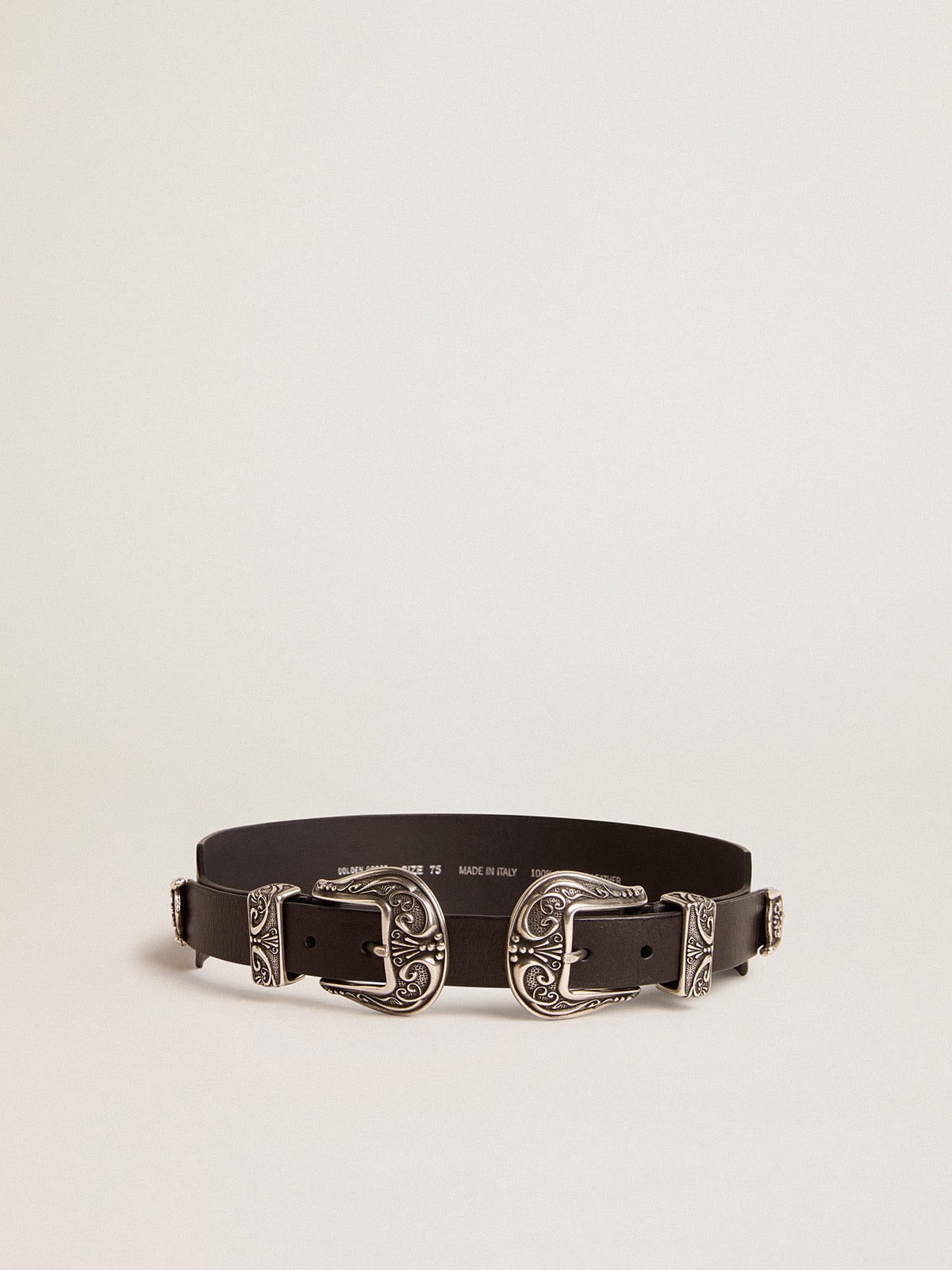 Black belt in washed leather with silver-colored double buckle| Golden Goose