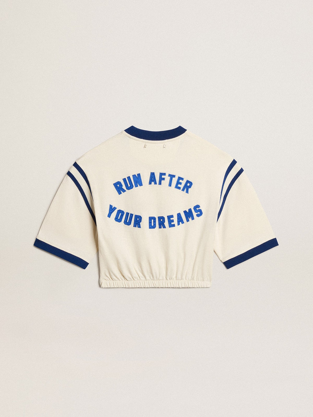 Aged white cotton cropped T-shirt with lettering on the back| Golden Goose