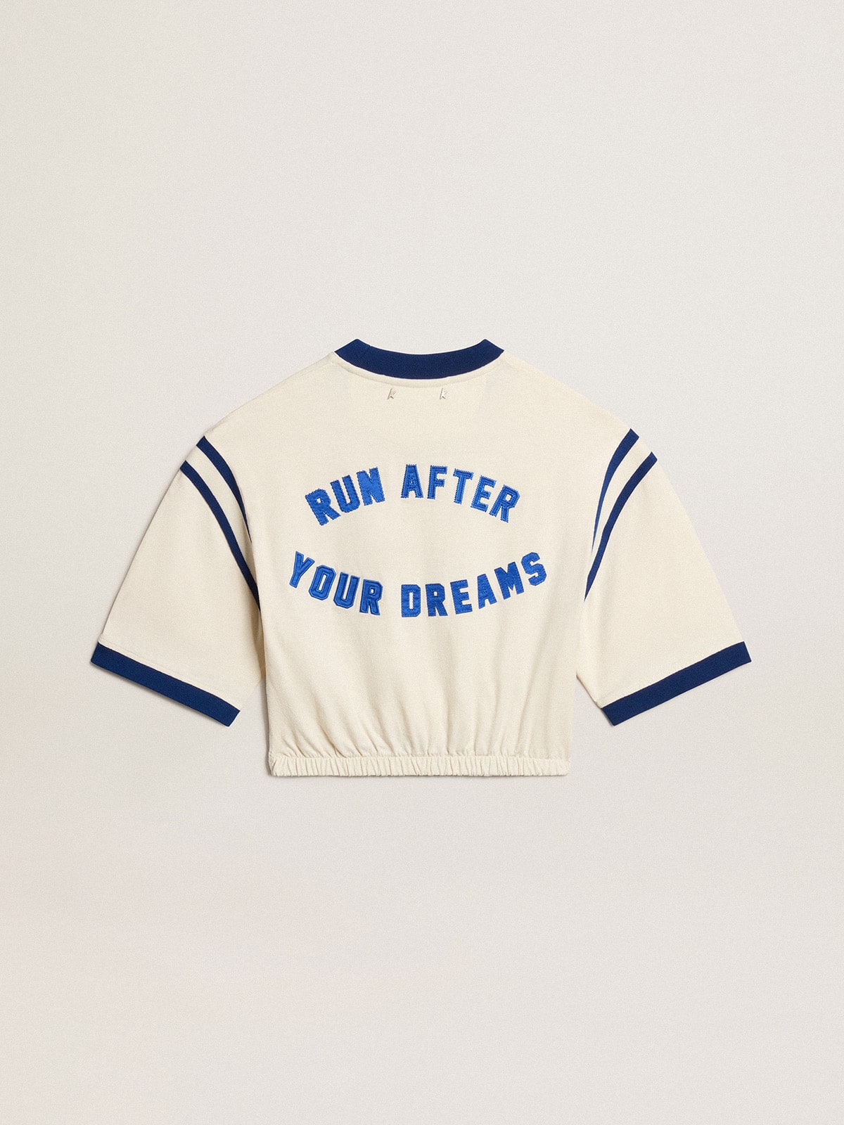 Aged white cotton cropped T-shirt with lettering on the back| Golden Goose