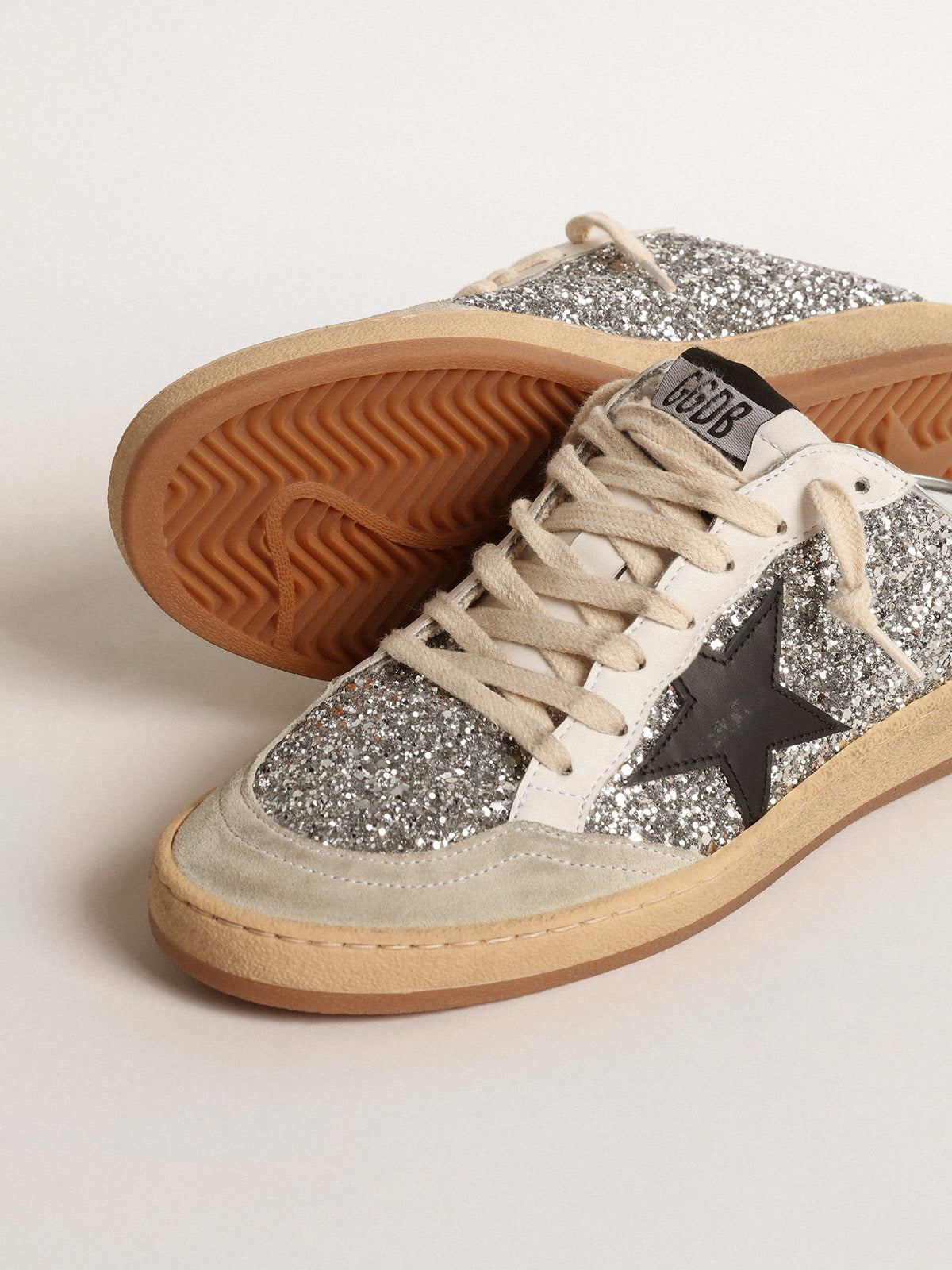 Ball Star Sabots in silver glitter with black leather star| Golden Goose