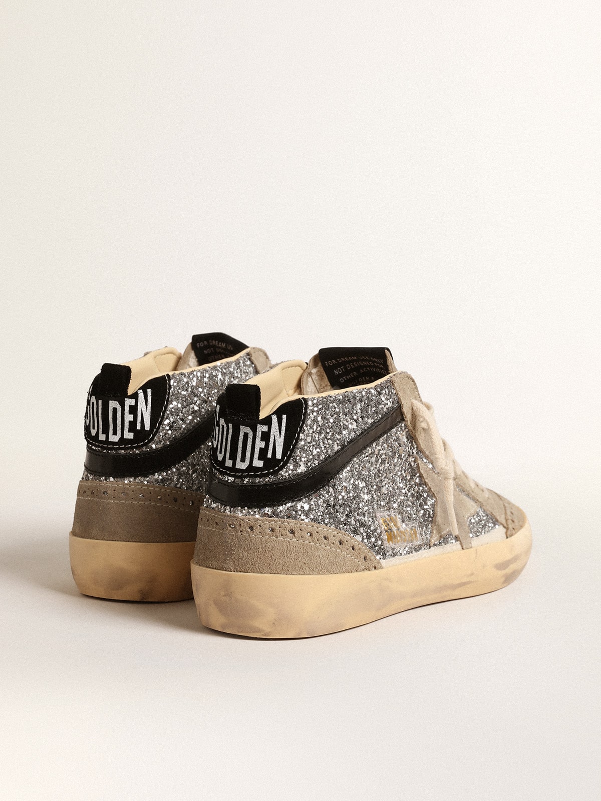 Mid Star in silver glitter with suede star and black flash| Golden Goose