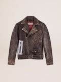 Men's leather biker jacket with hammered studs and adhesive tape| Golden Goose
