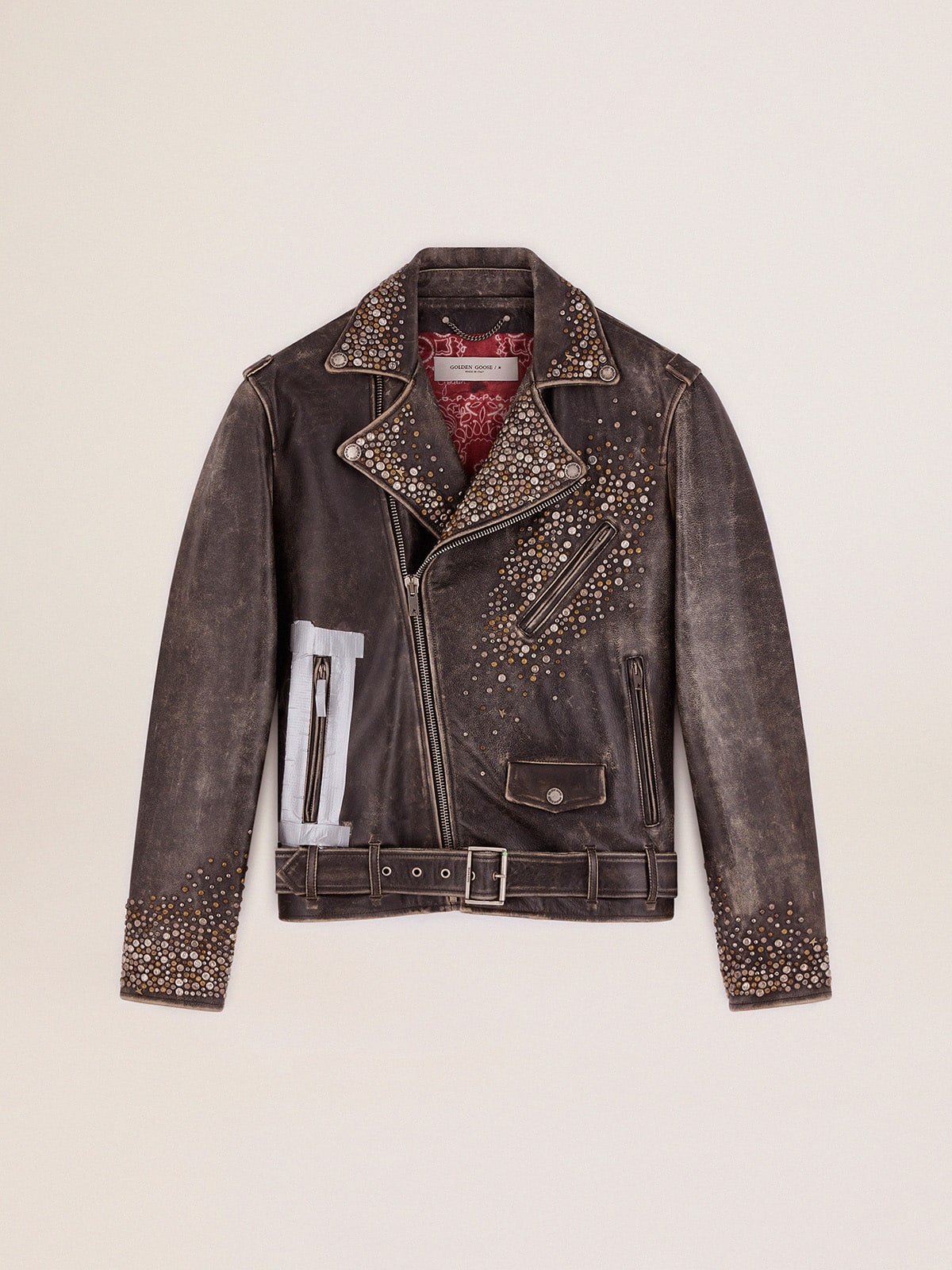 Men's leather biker jacket with hammered studs and adhesive tape| Golden Goose