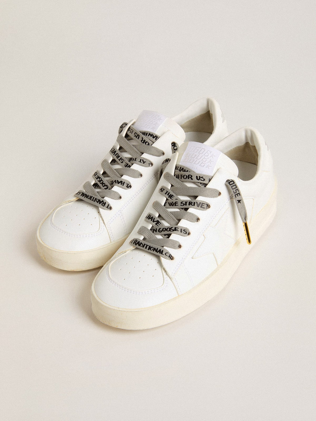 Gray cotton laces with contrasting black logo and lettering| Golden Goose