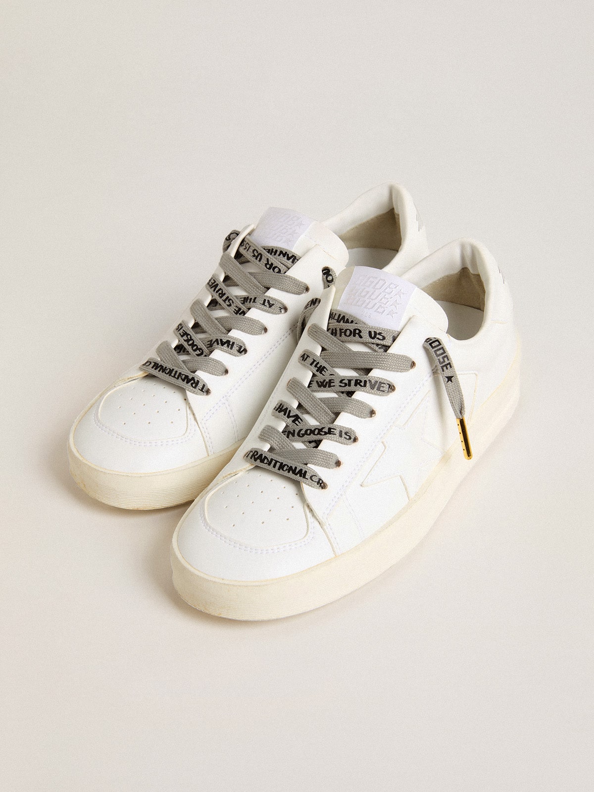 Gray cotton laces with contrasting black logo and lettering| Golden Goose
