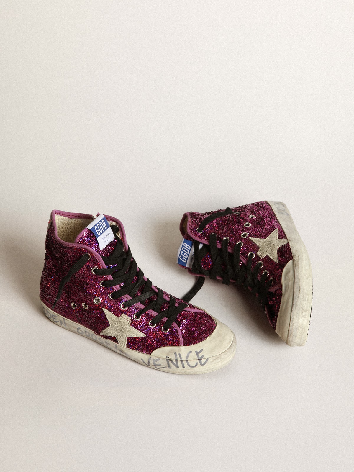 Francy sneakers with sequins and handwritten lettering on the outsole| Golden Goose