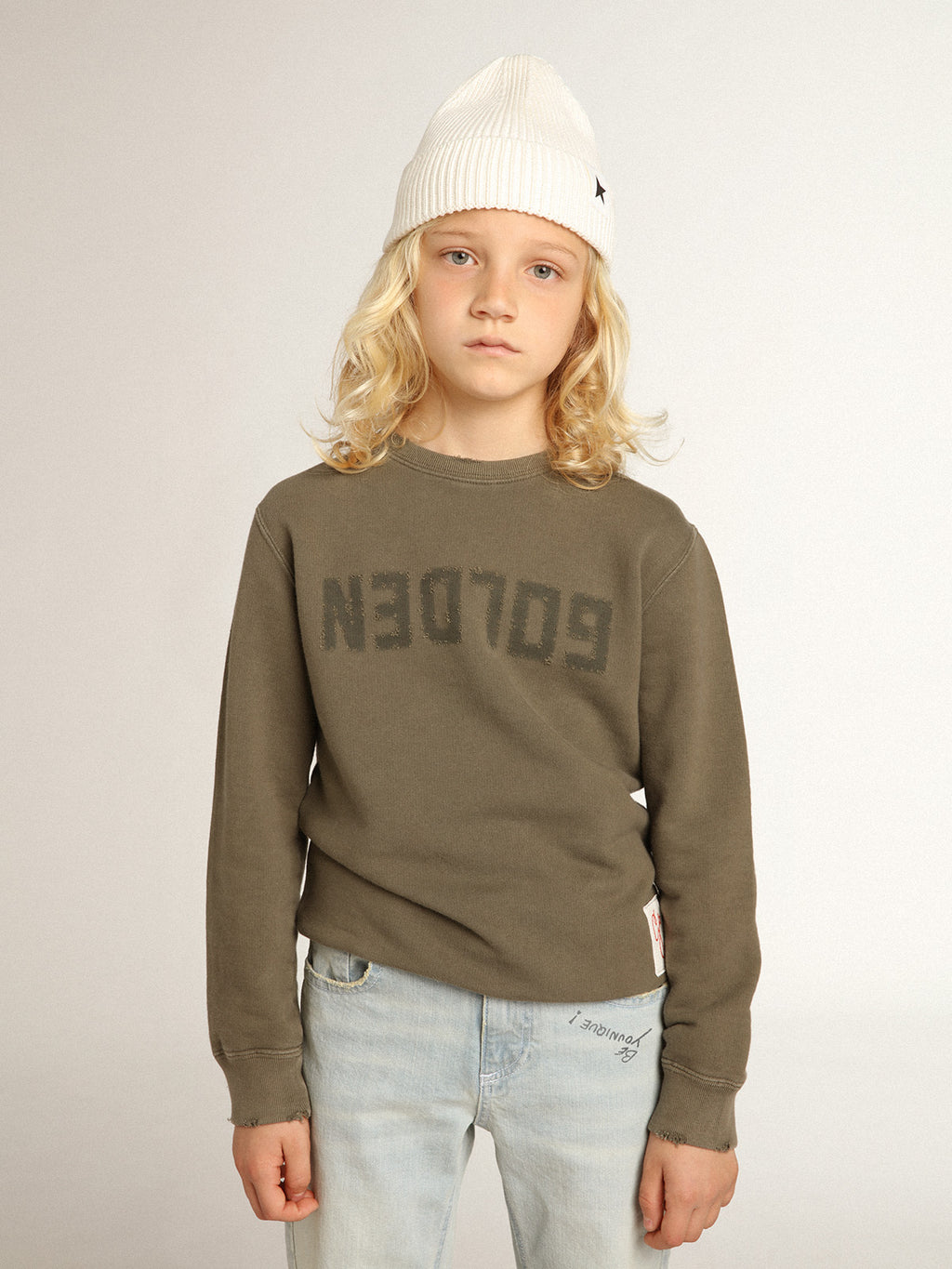 Distressed olive-green sweatshirt with Golden lettering on the front| Golden Goose