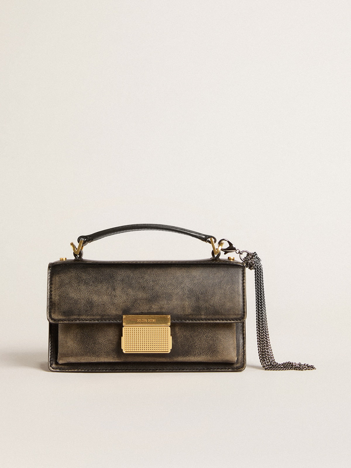 Small Venezia Bag in black distressed leather with gold details| Golden Goose