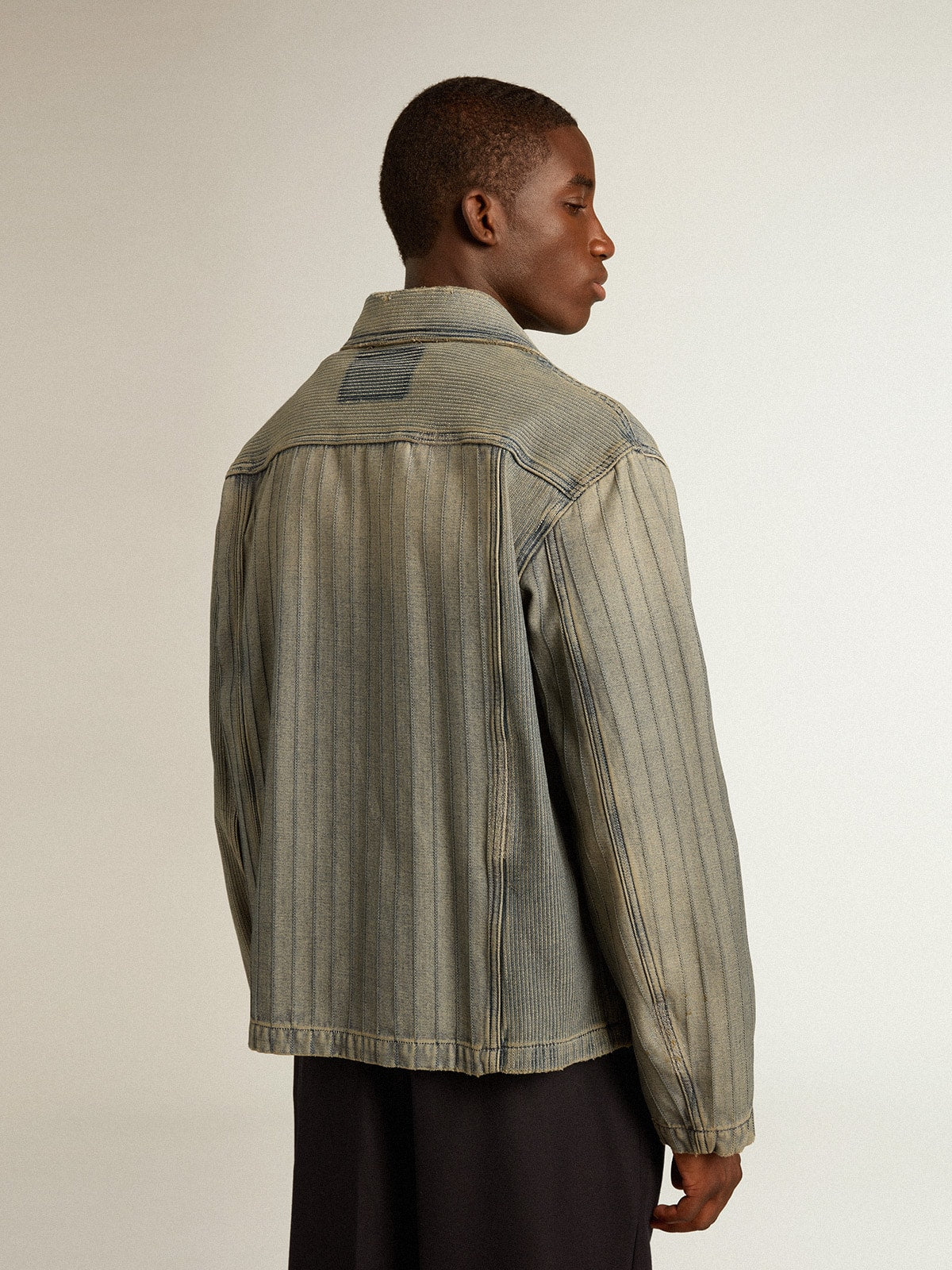 Men's denim jacket with stripes and patches on the front| Golden Goose