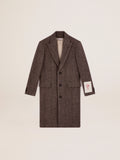 Men's single-breasted wool coat with beige and gray herringbone weave| Golden Goose
