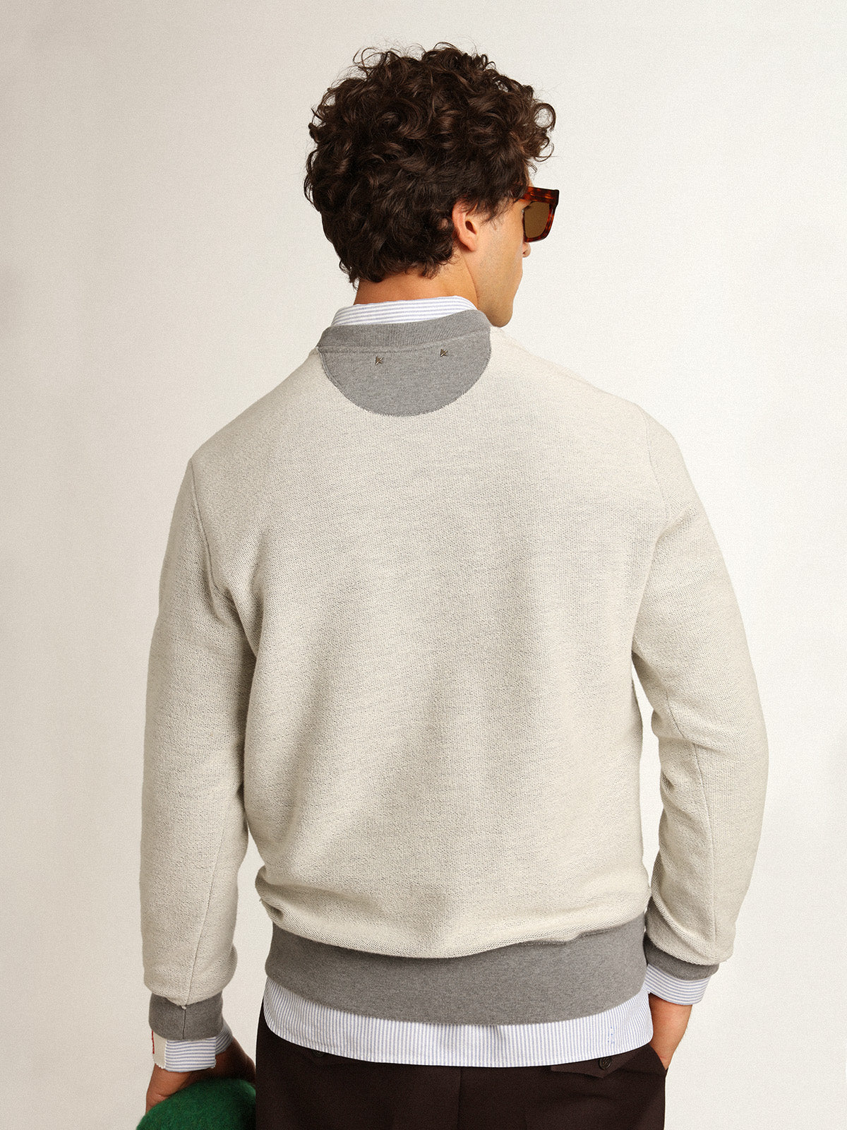 Men's mélange gray sweatshirt with green print| Golden Goose