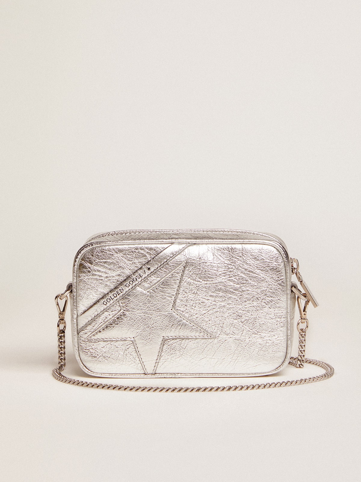 Women's Mini Star Bag in silver laminated leather with tone-on-tone star| Golden Goose
