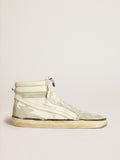 Slide LAB in aged-white nappa leather with gray suede star and white leather flash| Golden Goose