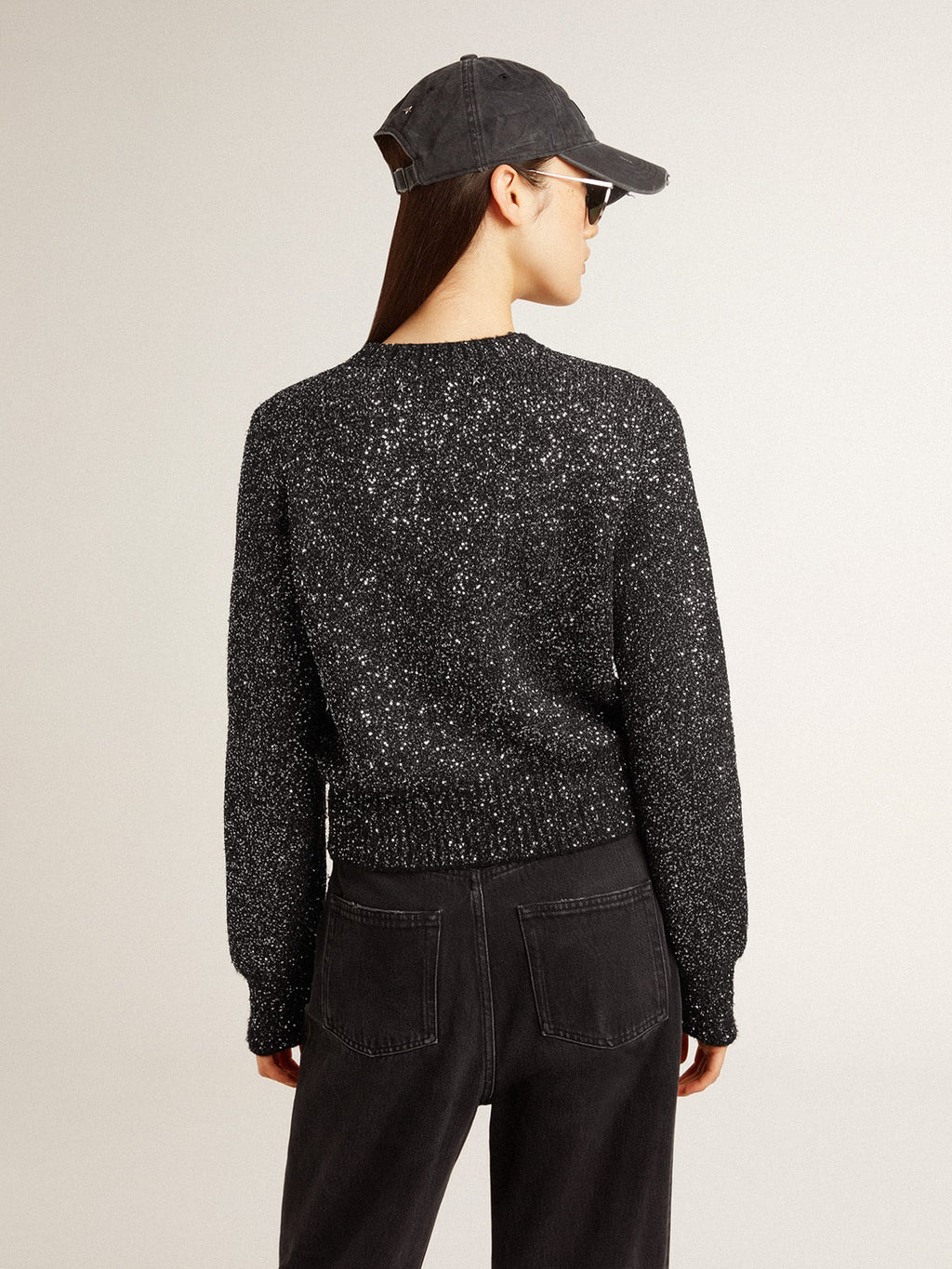 Women's black wool blend cropped sweater with all-over sequins| Golden Goose