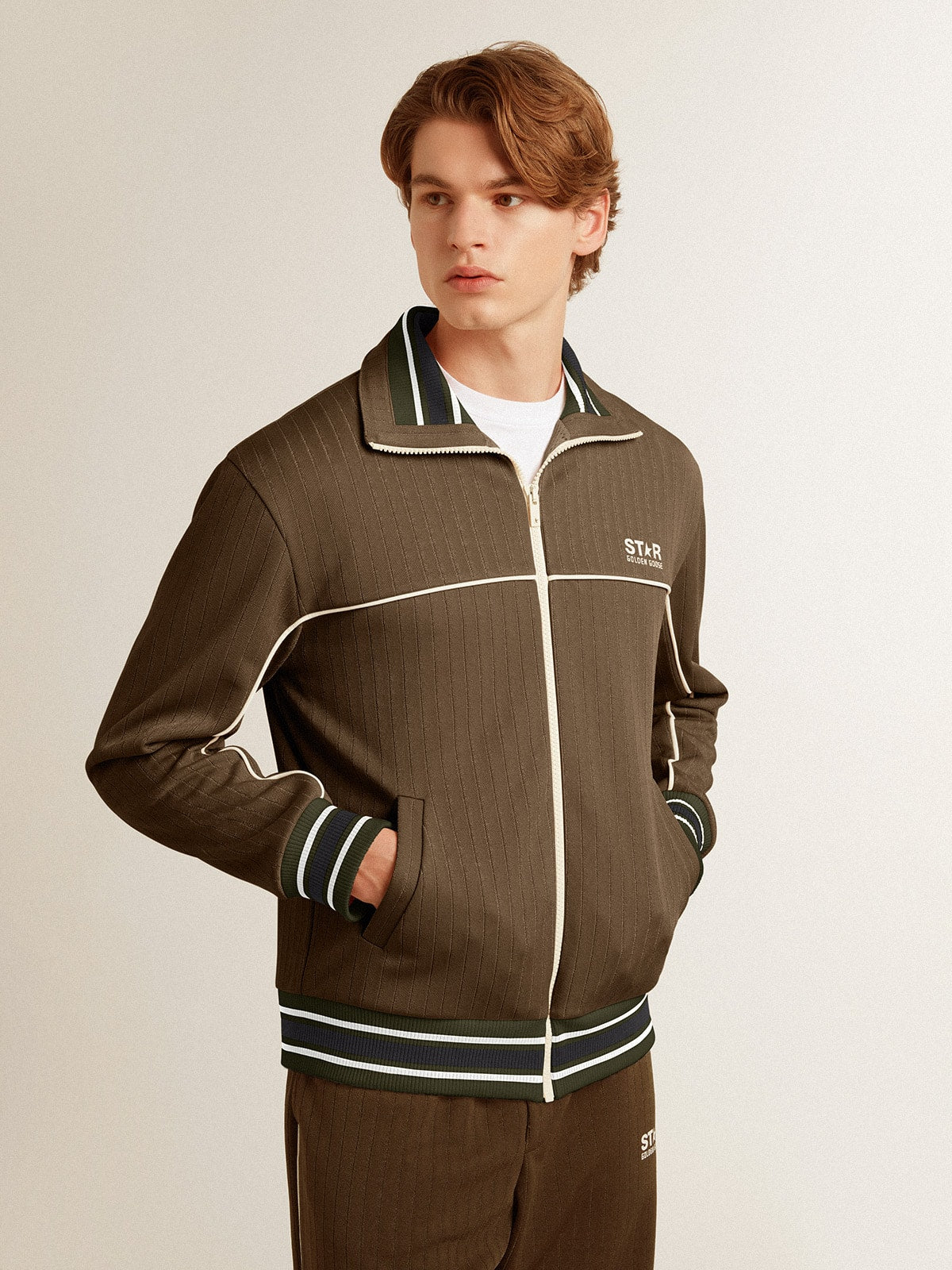 Men's military green zipped sweatshirt with white logo| Golden Goose