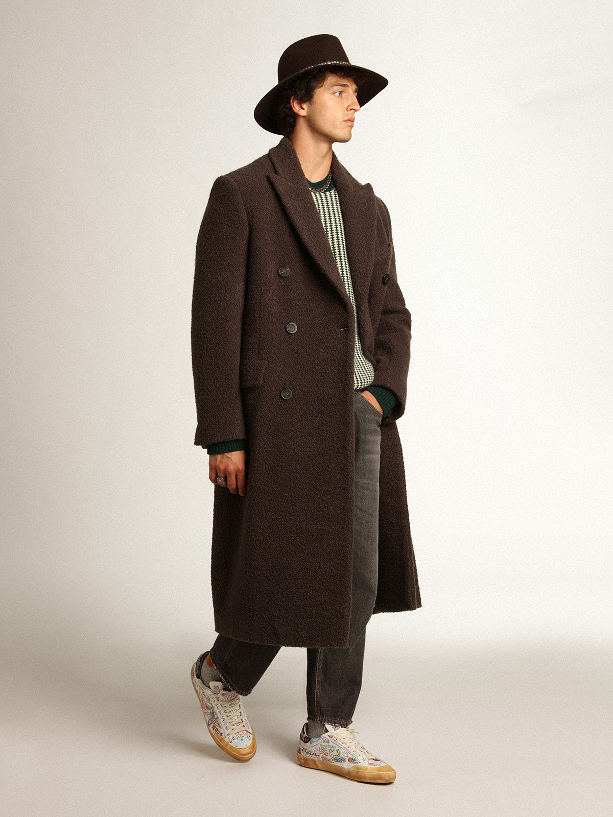 Men's double-breasted coat in licorice-colored bouclé wool| Golden Goose