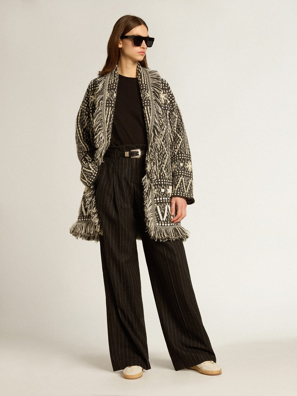 Cardigan with belt and dark gray Fair Isle pattern| Golden Goose