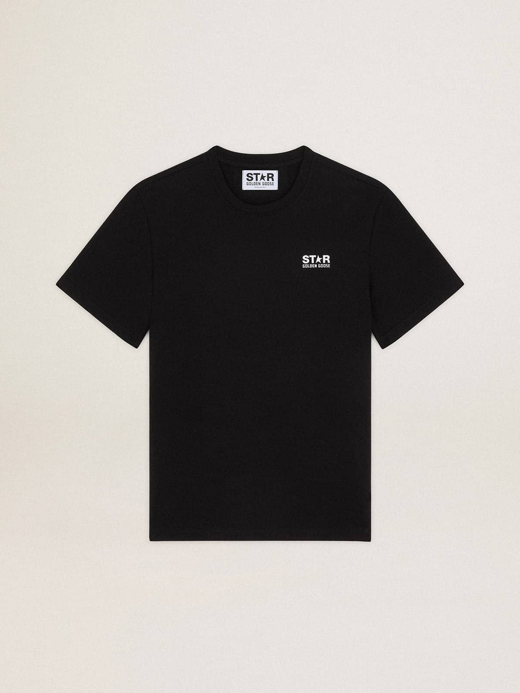 Men's black T-shirt with contrasting white logo and star| Golden Goose