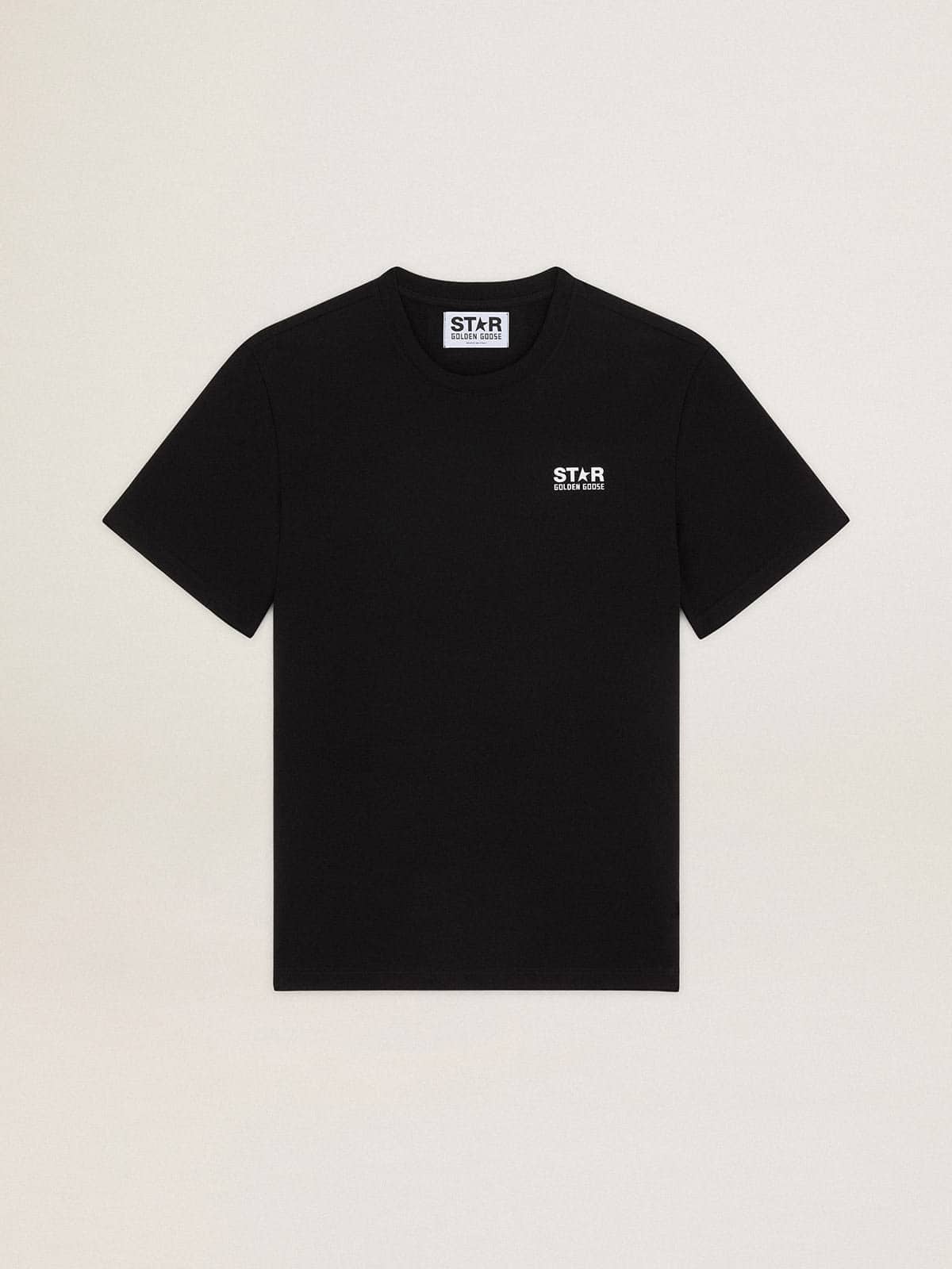 Men's black T-shirt with contrasting white logo and star| Golden Goose