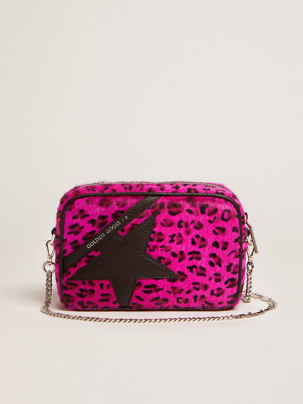 Mini Star Bag in fuchsia leopard-print pony skin with black leather star| Golden Goose