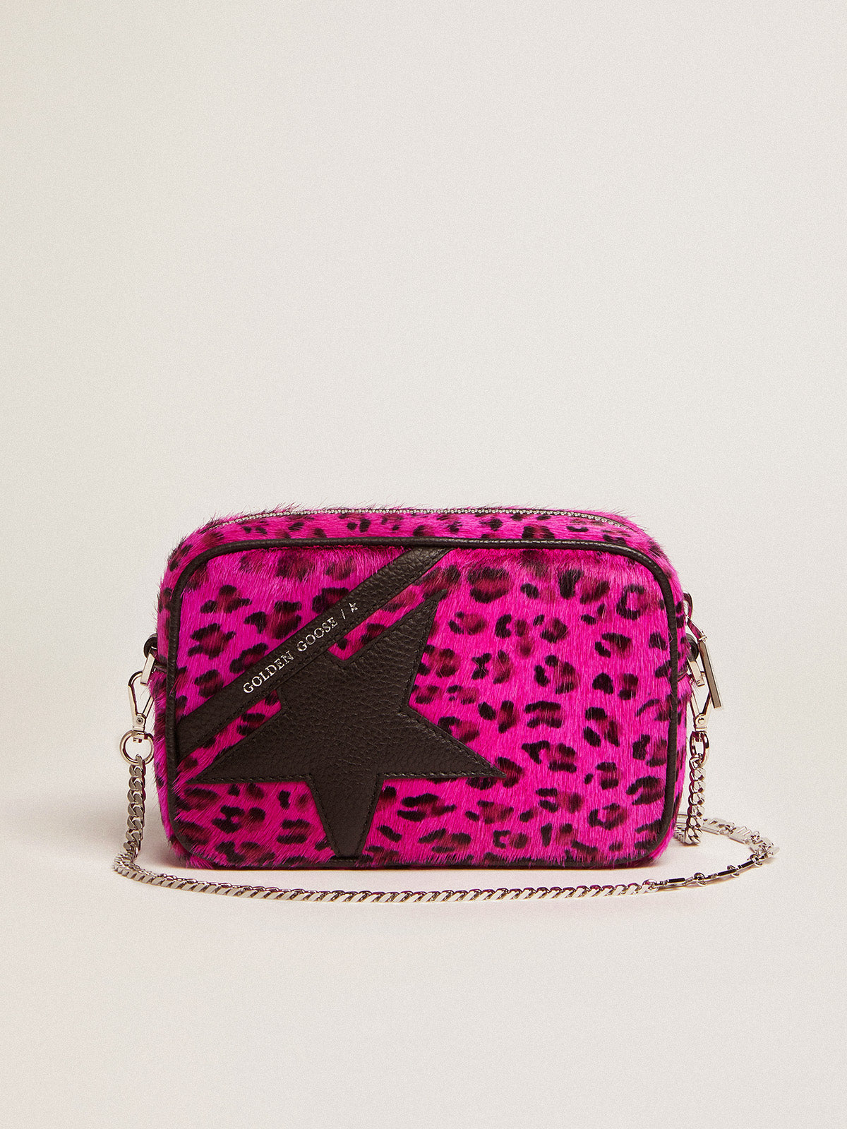 Mini Star Bag in fuchsia leopard-print pony skin with black leather star| Golden Goose