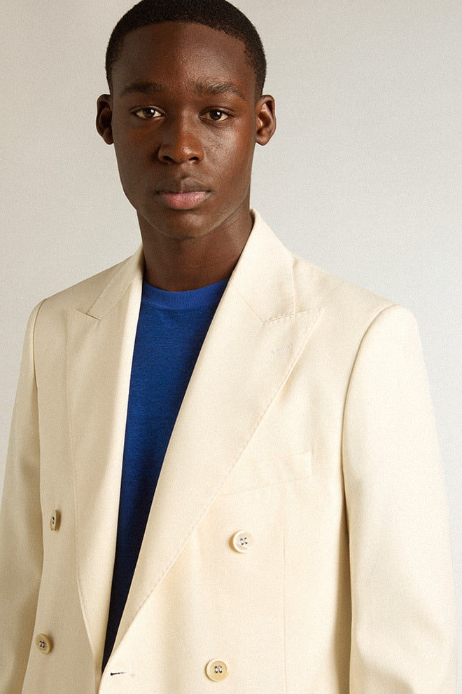 Men's cream-colored double-breasted blazer