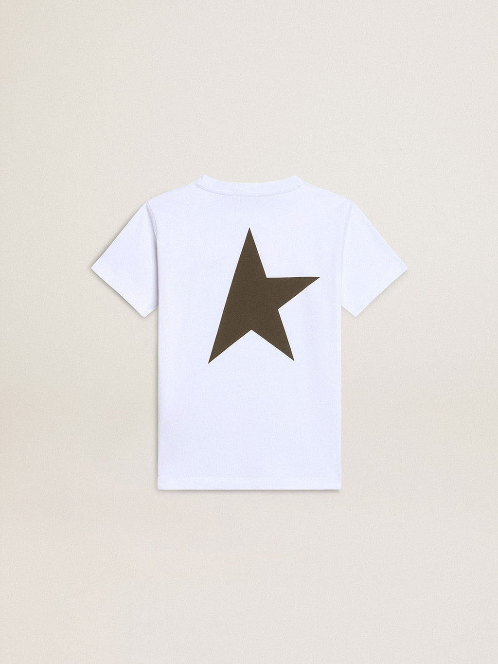 Boys' white T-shirt with contrasting dark green logo and star| Golden Goose