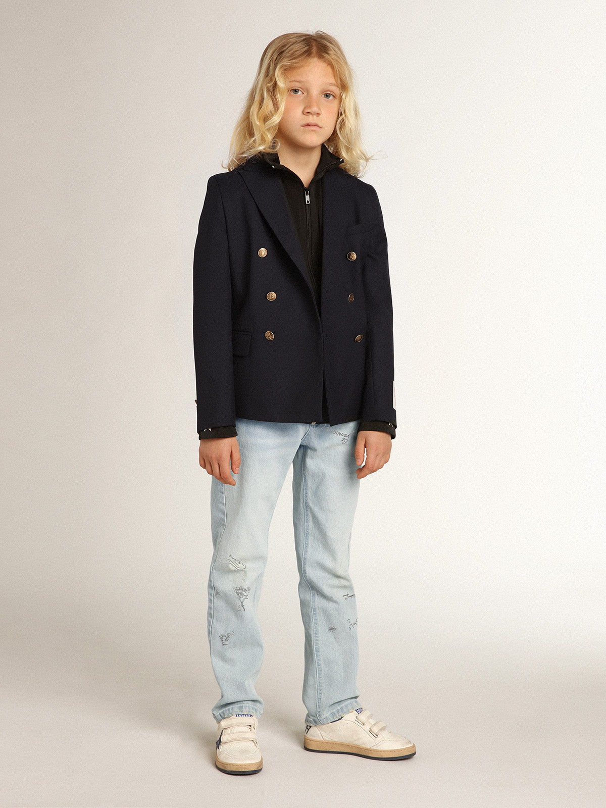 Boys' dark blue double-breasted buttoned blazer| Golden Goose