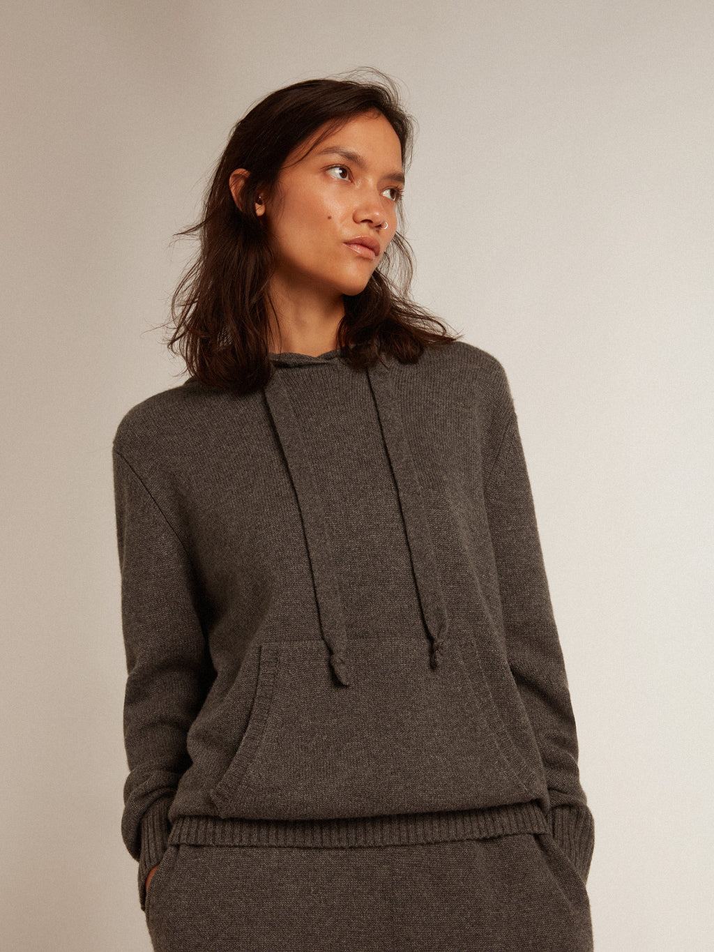 Women's gray cashmere blend sweatshirt with hood| Golden Goose