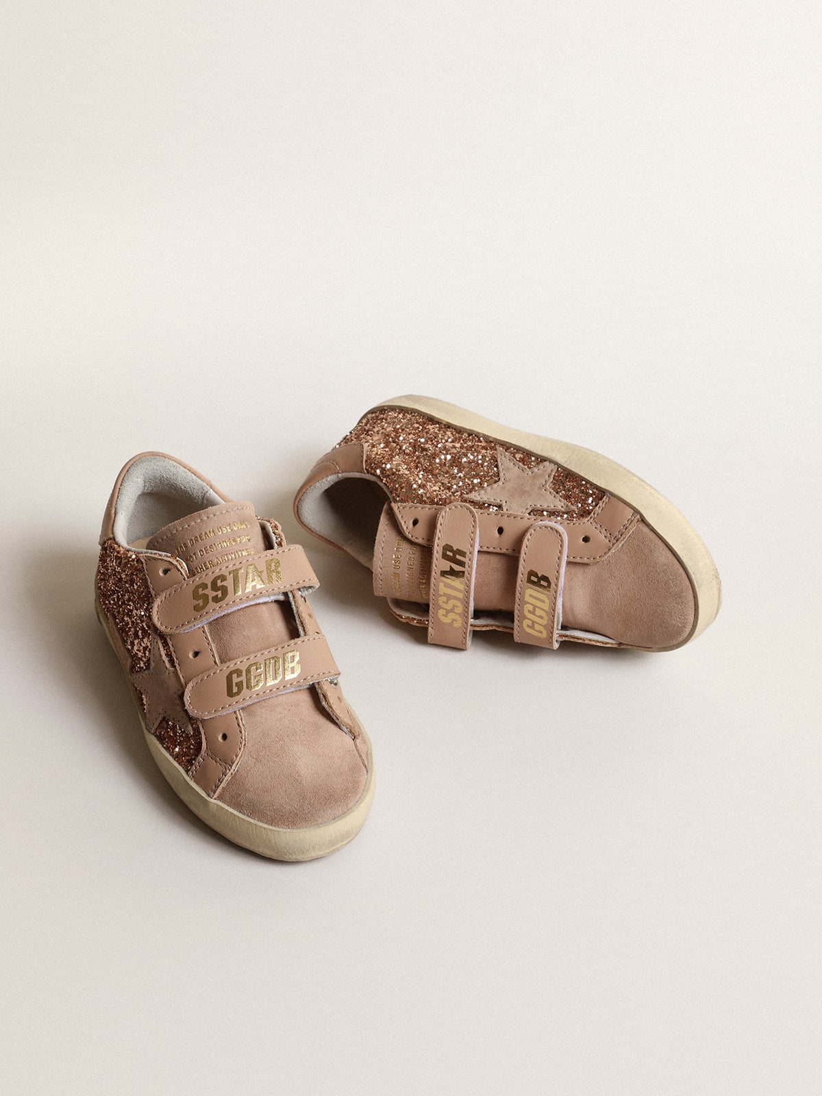 Old School Young in peach-pink glitter with pink suede star| Golden Goose