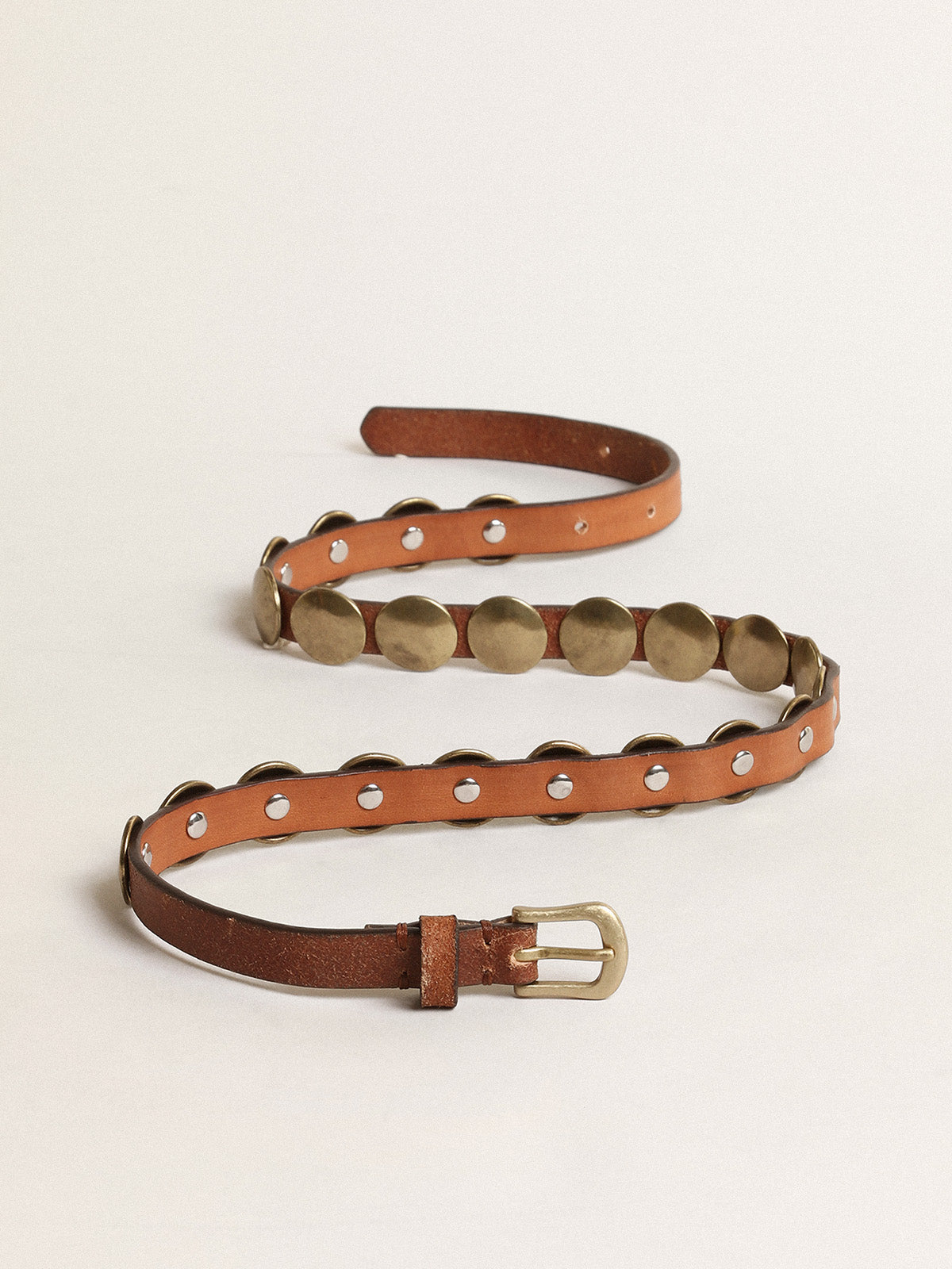 Trinidad belt in aged tan-colored leather with golden maxi studs| Golden Goose