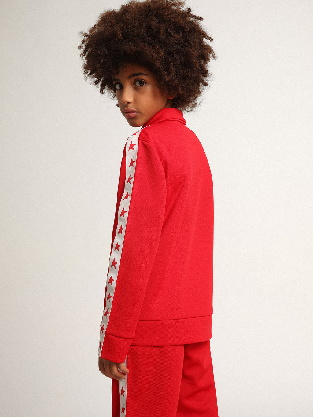 Red zipped sweatshirt with white stripe and red stars| Golden Goose