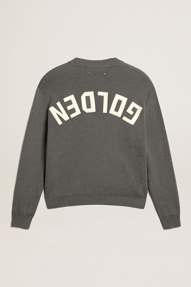 Women's round-neck sweater in dark gray cotton with logo on the back| Golden Goose