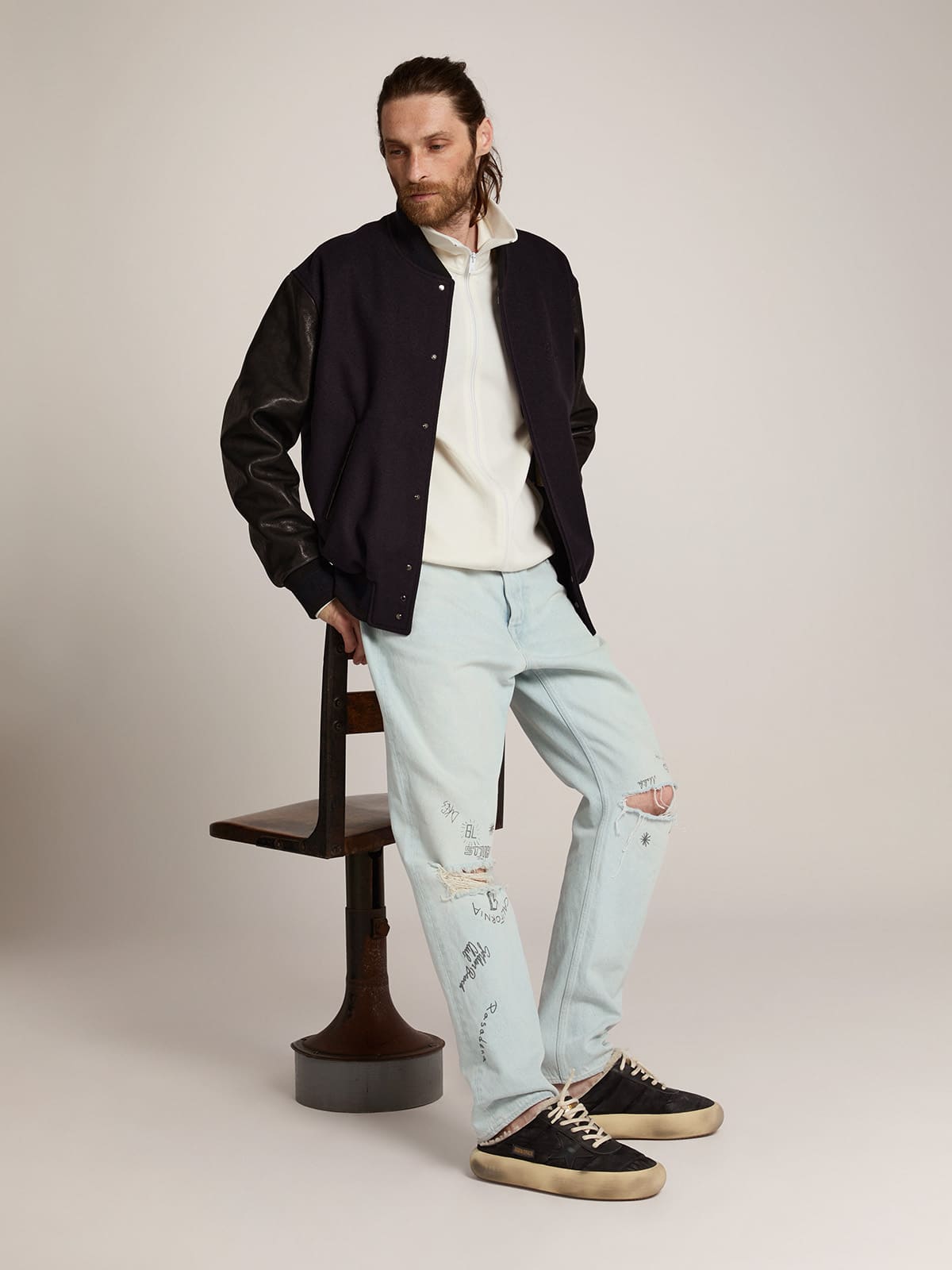 Men's Space-Star Sabot shoes in quilted black nylon with shearling lining| Golden Goose