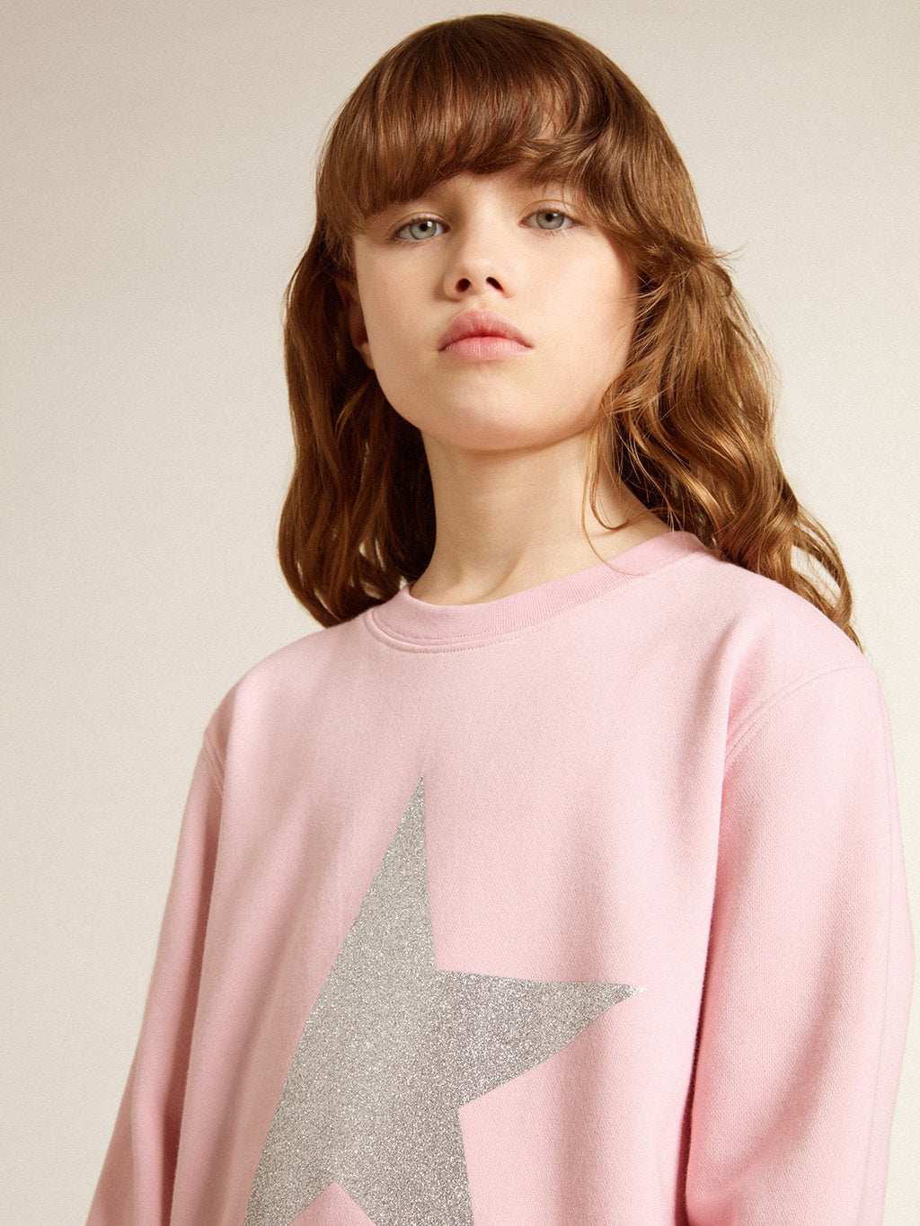 Pink sweatshirt with maxi star in silver glitter on the front| Golden Goose