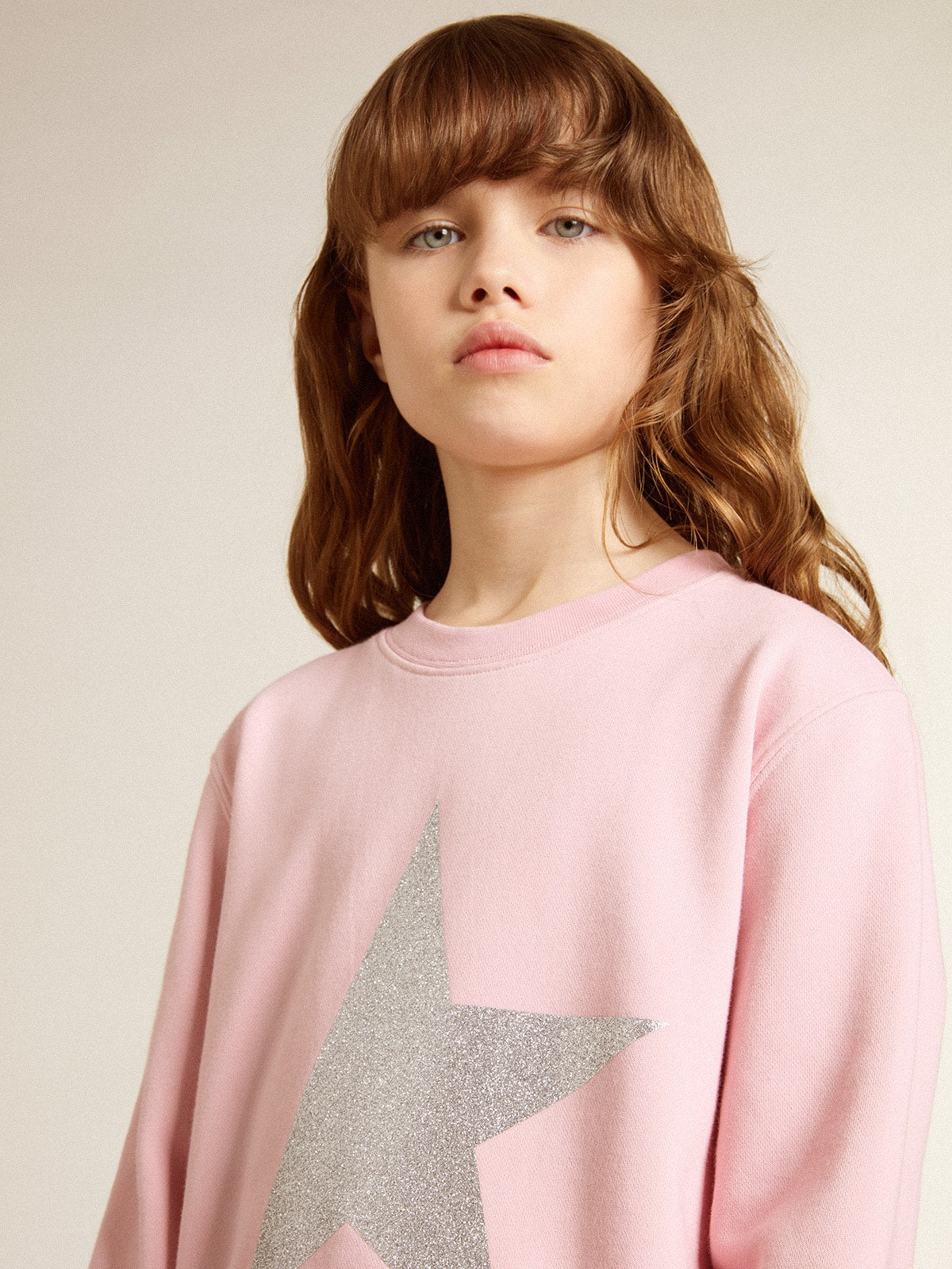 Pink sweatshirt with maxi star in silver glitter on the front| Golden Goose