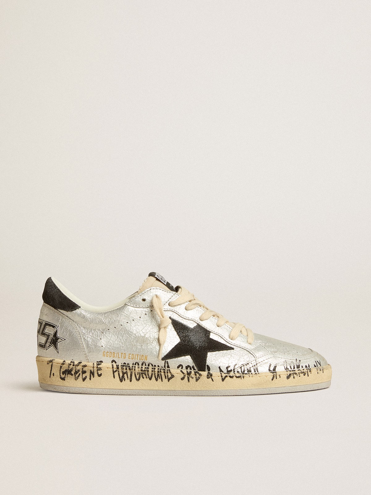 Ball Star LTD in silver leather with gray suede star and heel tab| Golden Goose
