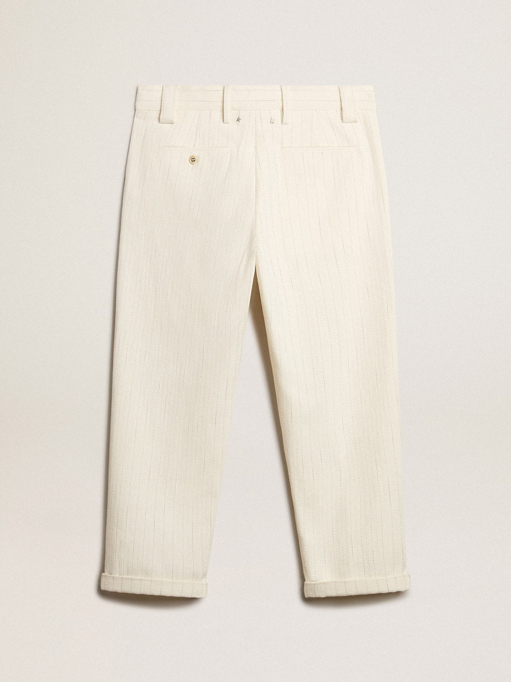 Aged white cotton pinstripe chino pants