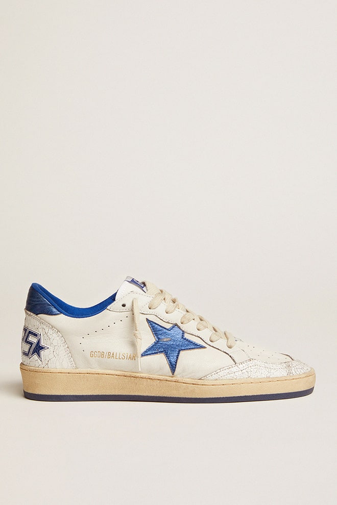 Women's Ball Star in white nappa with bright blue metallic leather star and heel tab| Golden Goose