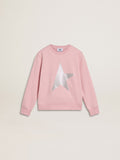 Pink sweatshirt with maxi star in silver glitter on the front| Golden Goose