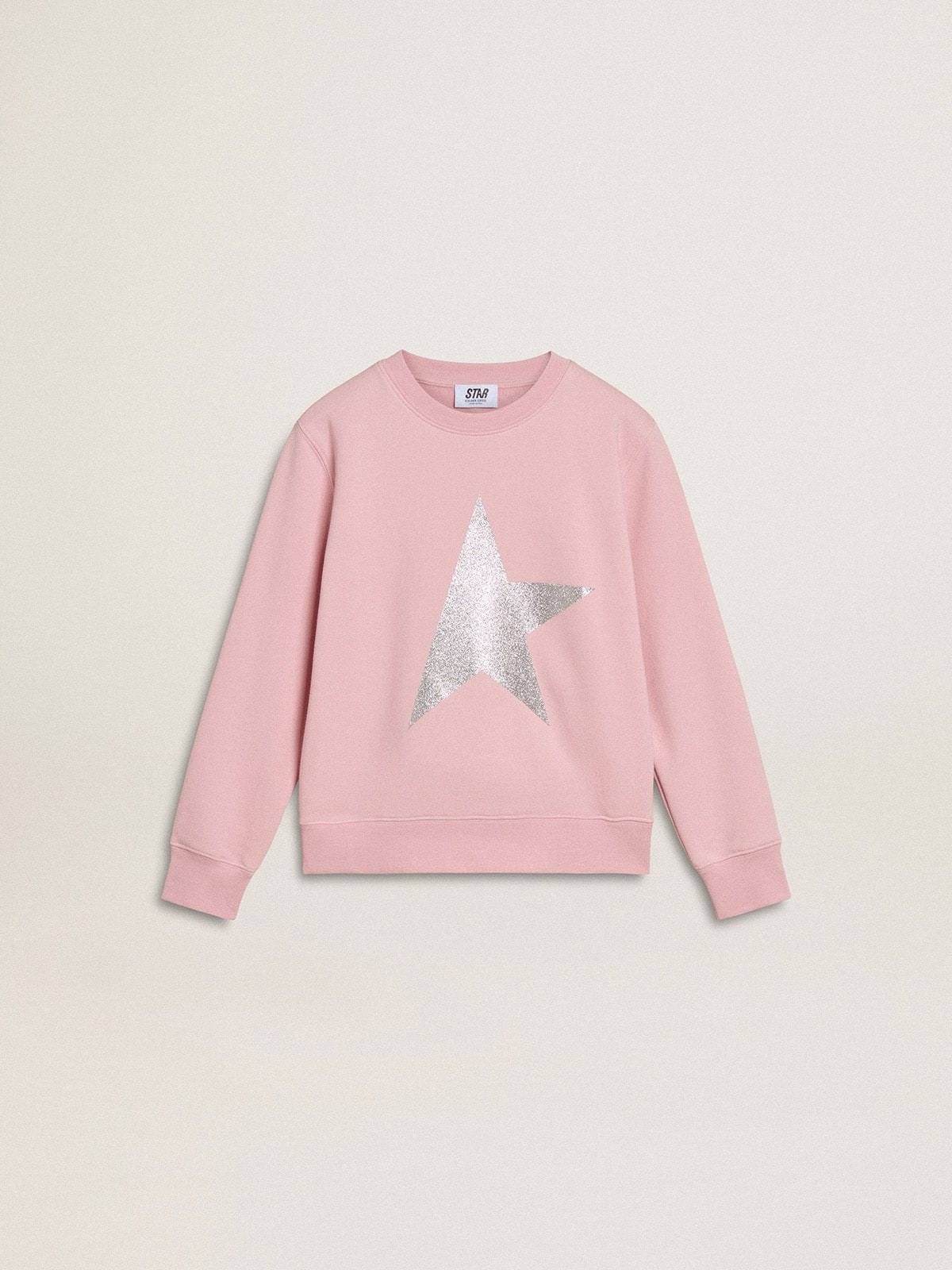 Pink sweatshirt with maxi star in silver glitter on the front| Golden Goose