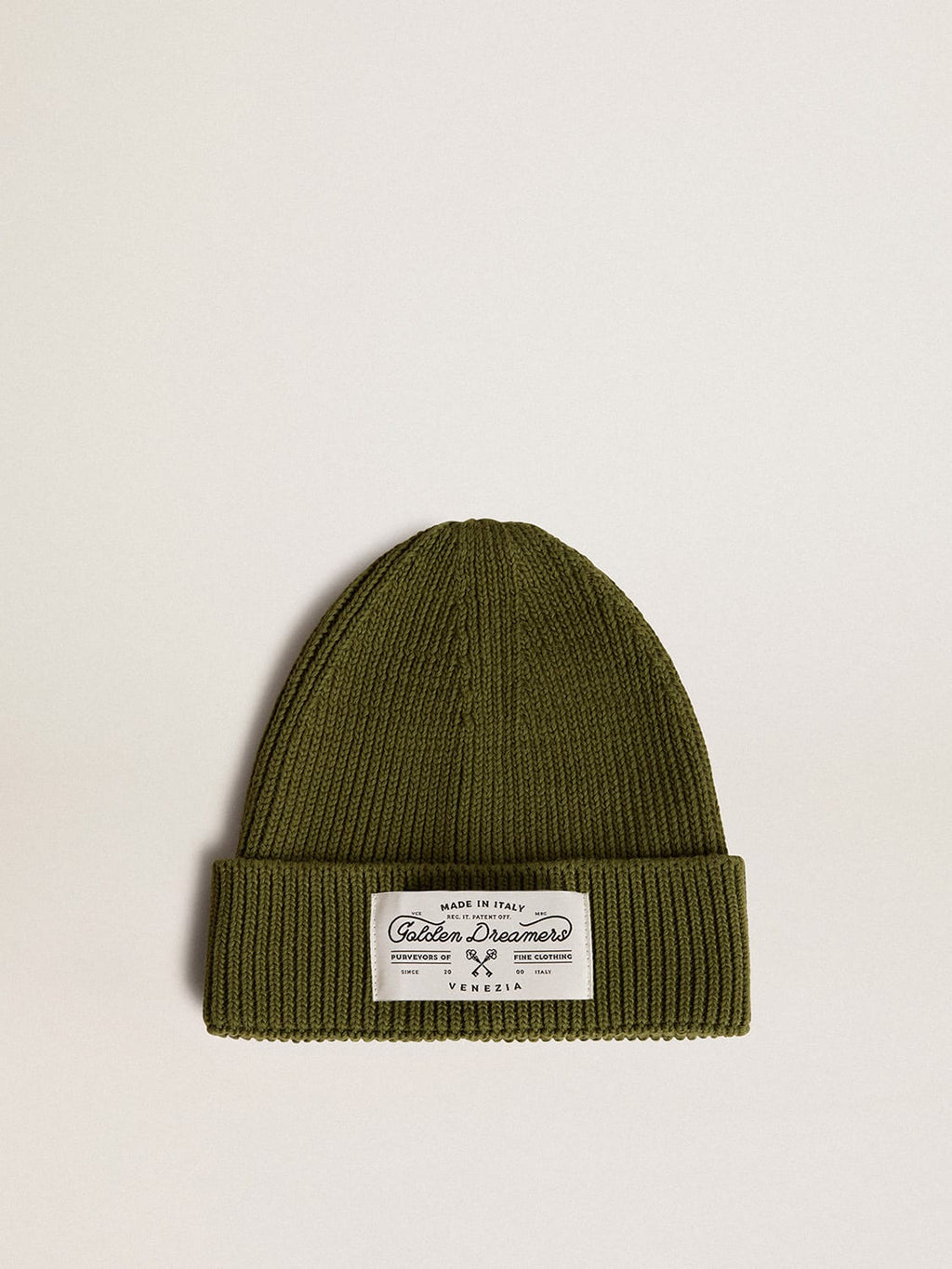 Military-green cotton beanie with appliqué label on the front| Golden Goose