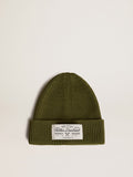 Military-green cotton beanie with appliqué label on the front| Golden Goose