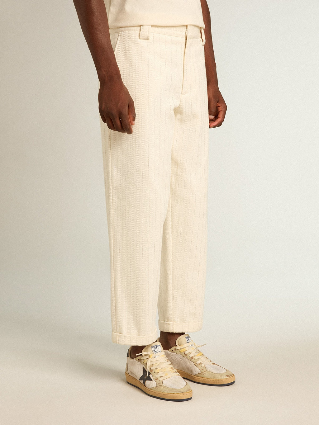 Aged white cotton pinstripe chino pants