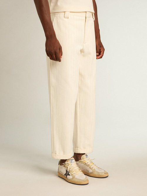 Aged white cotton pinstripe chino pants